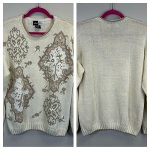Beldoch Popper M Vintage Elegant Cream and Brown Floral Sweater 80s 90s Knit